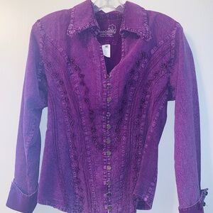 Inca Cottons Purple Embroidered L/S Prairie Boho Top, M